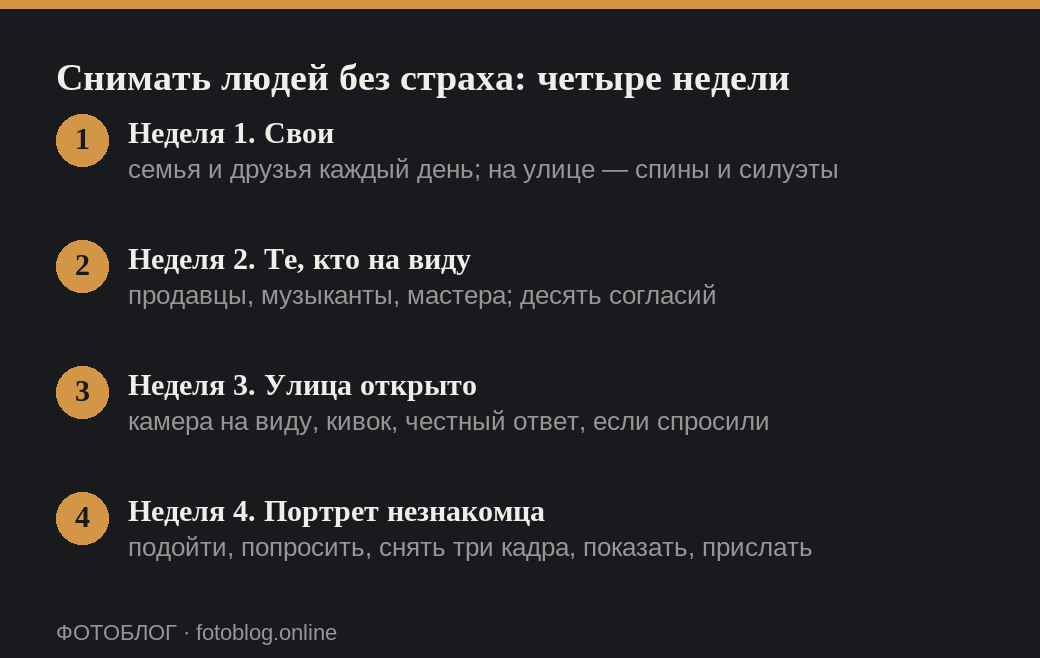 План на четыре недели, чтобы перестать бояться снимать людей