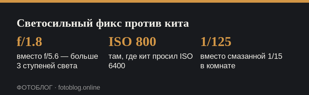 Три числа о преимуществе светосильного фикса над китовым объективом